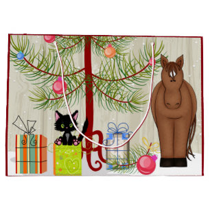 Cute Brown Horse and Kitten Barn Christmas Holiday Large Gift Bag