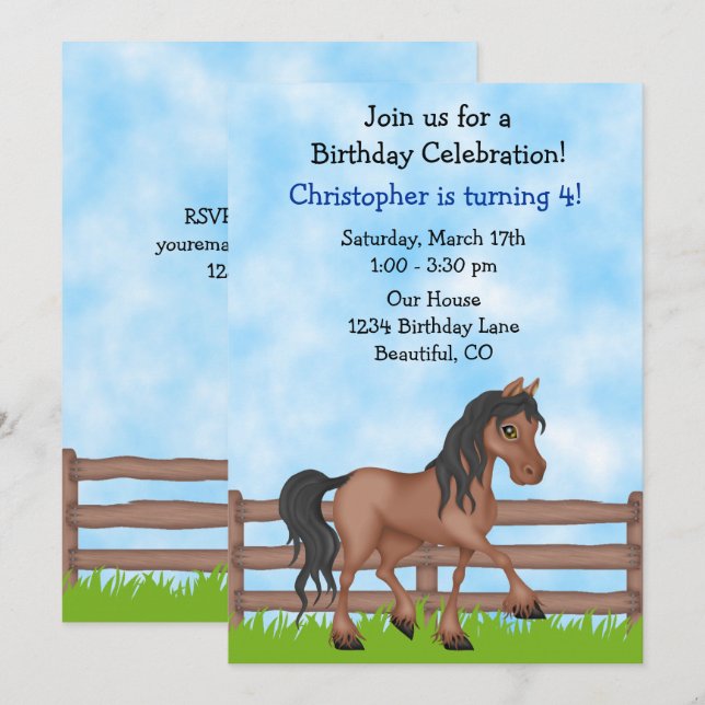 Cute Brown Horse Boys Birthday Party Invitation (Front/Back)