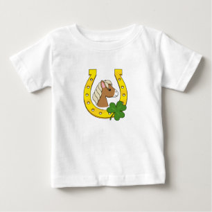 Cute Brown Horse w Golden Horse Shoe, Shamrock  Baby T-Shirt