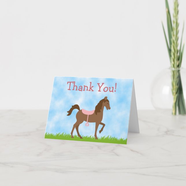 Cute Brown Horse with Pink Saddle Thank You Card (Front)