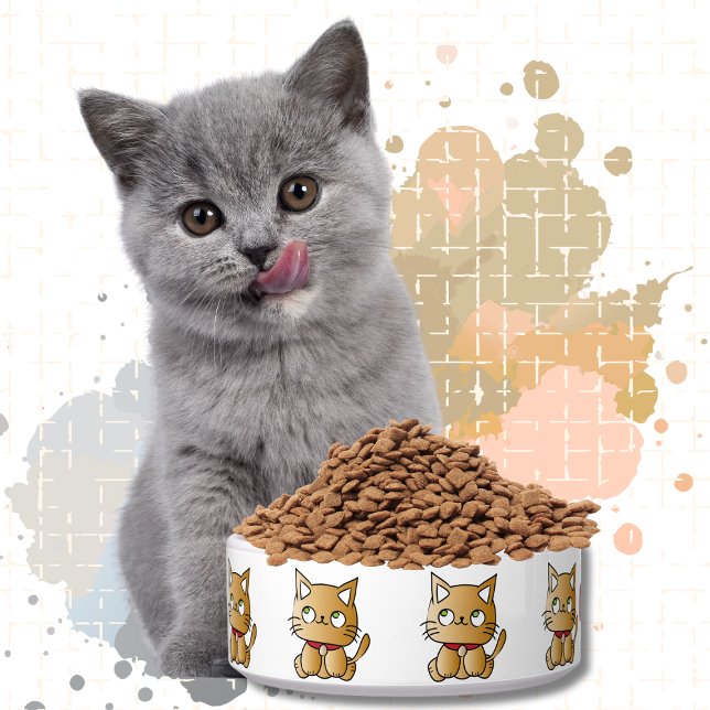 Cute Brown Kitten Cartoon Modern Personalized Cat Bowl (Creator Uploaded)