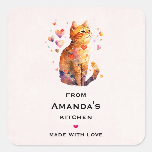 Cute Brown Kitten in a Teacup Kitchen Square Sticker (Front)