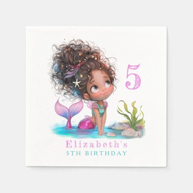 Cute Brown Little Mermaid Birthday Napkin (Front)
