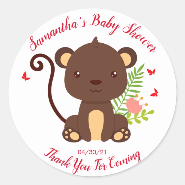 Cute Brown Monkey With Pink Flowers Baby Shower Classic Round Sticker (Front)