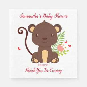 Cute Brown Monkey With Pink Flowers Baby Shower Napkin