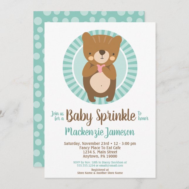 Cute Brown Ours Bébé Sprinkle Invitation Neutral (Devant / Derrière)