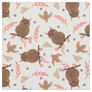 Cute Brown Owl and Bird Pattern Fabric