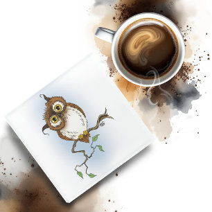 Cute Brown Owl Blue Wildlife Whimsical Glass Coaster