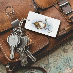 Cute Brown Owl Blue Wildlife Whimsical Keychain