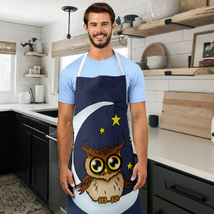 Cute Brown Owl Crescent Moon Stars Blue Apron