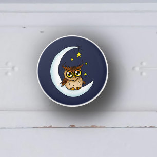 Cute Brown Owl Crescent Moon Stars Blue Ceramic Knob