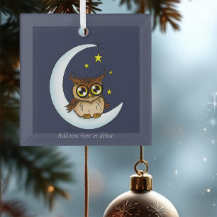 Cute Brown Owl Crescent Moon Stars Blue Glass Ornament