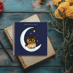 Cute Brown Owl Crescent Moon Stars Blue Notebook