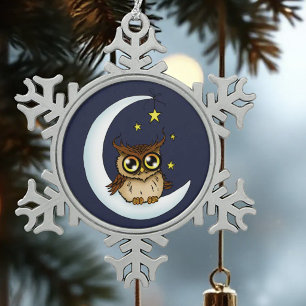 Cute Brown Owl Crescent Moon Stars Blue Snowflake Pewter Christmas Ornament