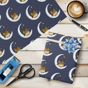 Cute Brown Owl Crescent Moon Stars Blue Wrapping Paper