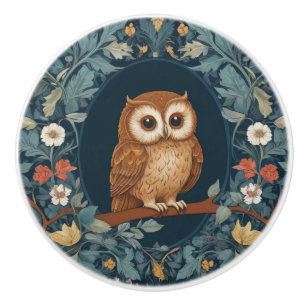 Cute Brown Owl Dark Blue Spring Summer Flowers Ceramic Knob