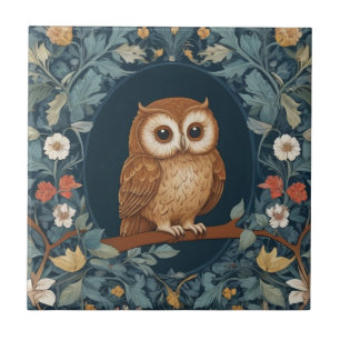 Cute Brown Owl Dark Blue Spring Summer Flowers Tile