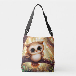 Cute brown owl on a branch crossbody bag
