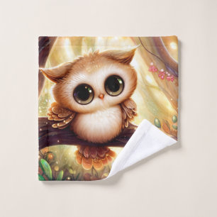 Cute brown owl on a branch wash cloth