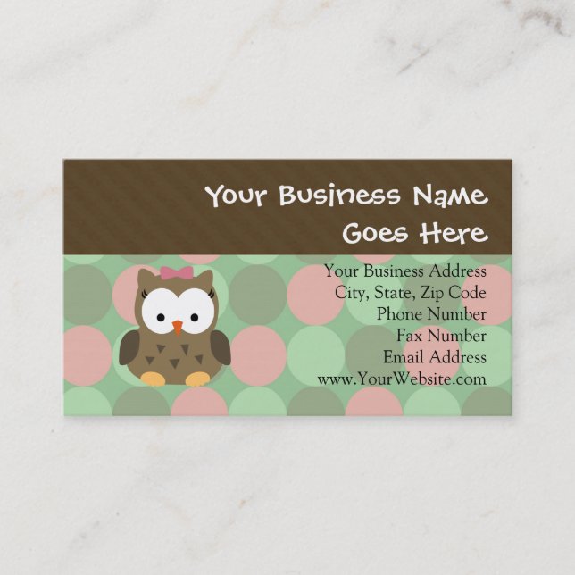 Cute Brown Owl w/Pink Bow Business Card (Front)