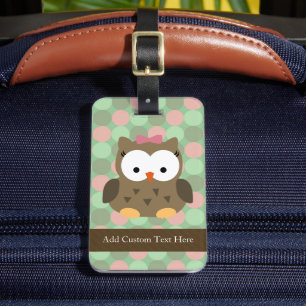 Cute Brown Owl w/Pink Bow Luggage Tag