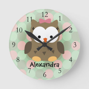 Cute Brown Owl w/Pink Bow Round Clock