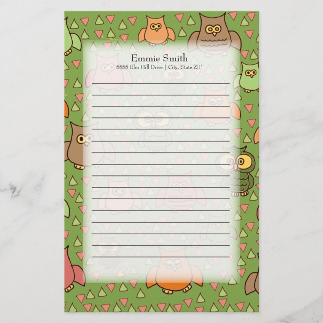 Cute Brown Pink Orange Owls on Green Stationery (Front)