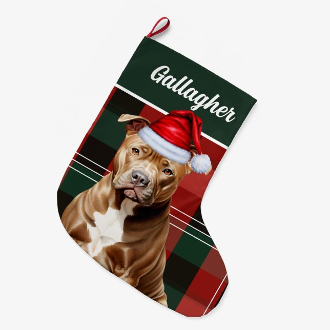 Cute Brown Pitbull Dog Red Green Plaid Custom Large Christmas Stocking (Front (Hanging))