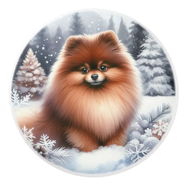 Cute Brown Pomeranian Winter Art Ceramic Knob (Front)