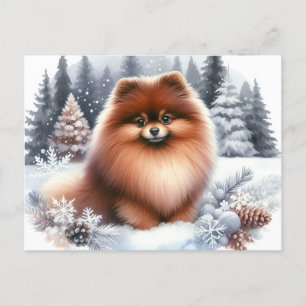 Cute Brown Pomeranian Winter Art Postcard