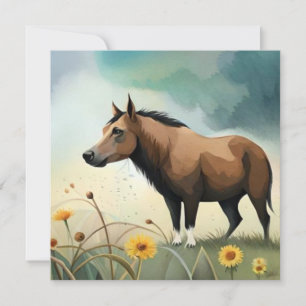 Cute brown pony in the floral field