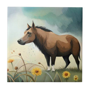 Cute brown pony in the floral field tile