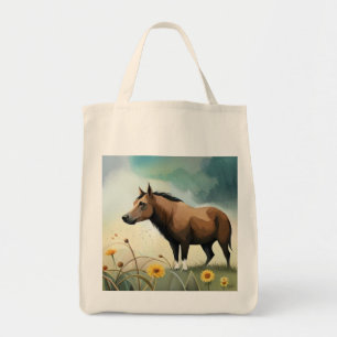 Cute brown pony in the floral field tote bag