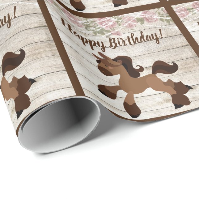 Cute Brown Pony, Roses and Lights Horse Birthday Wrapping Paper (Roll Corner)