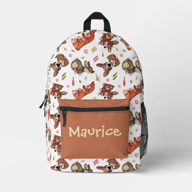CUTE BROWN PUPPIES DOGS BONES PATTERN CUSTOM NAME PRINTED BACKPACK (Front)