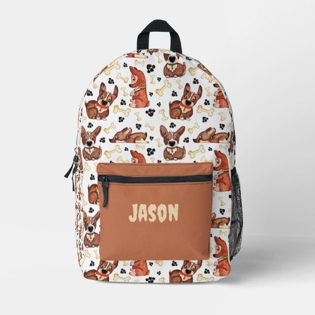 CUTE BROWN PUPPIES DOGS BONES PATTERN CUSTOM NAME PRINTED BACKPACK (Front)