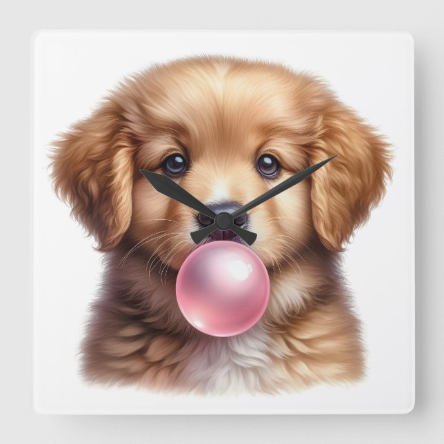 Cute Brown Puppy Dog Blowing Bubble Gum Nursery Square Wall Clock (Front)