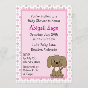Cute Brown Puppy Dog Pink Girls Baby Shower Invitation