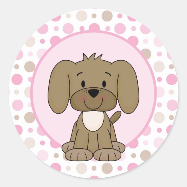 Cute Brown Puppy Dog Pink Polka Dot Baby Shower Classic Round Sticker (Front)