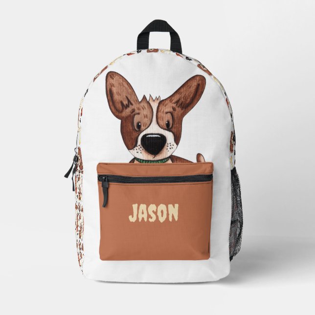 CUTE BROWN PUPPY DOGS BONES PATTERN CUSTOM NAME PRINTED BACKPACK (Front)