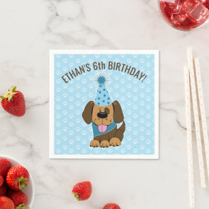 Cute Brown Puppy Paw-ty Birthday Blue Napkin
