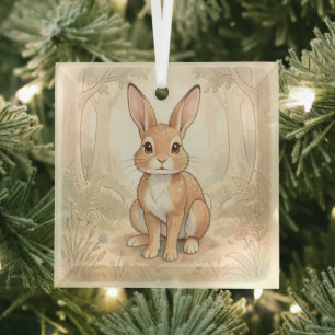 Cute brown rabbit in a forest glass ornament
