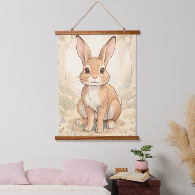 Cute brown rabbit in a forest hanging tapestry (Bedroom)