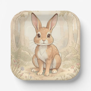 Cute brown rabbit in a forest paper plate