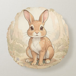Cute brown rabbit in a forest round pillow