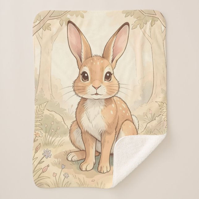 Cute brown rabbit in a forest sherpa blanket (Front)