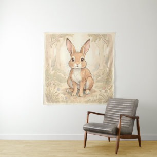 Cute brown rabbit in a forest tapestry