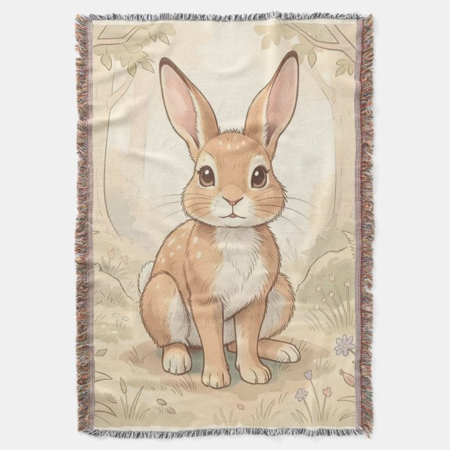 Cute brown rabbit in a forest throw blanket (Front Vertical)