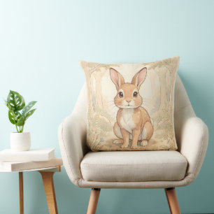 Cute brown rabbit in a forest throw pillow