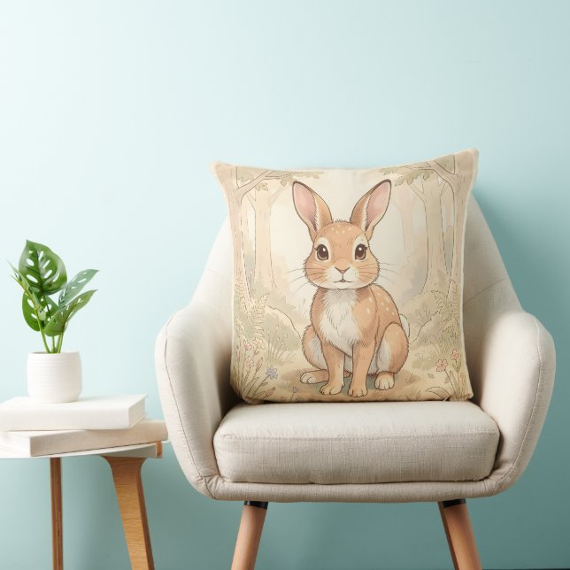 Cute brown rabbit in a forest throw pillow (Chair)